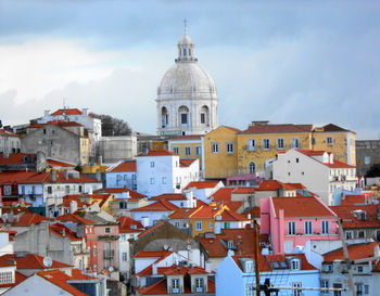 View across rooftops of alfama district towards pantheon lisbon