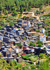 High angle view of buildings in town