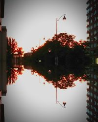 Reflection of trees in lake against sky in city