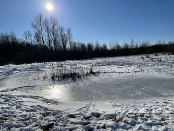 Scenic view of frozen lake against sky during winter