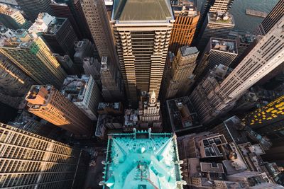 High angle view of modern buildings in city