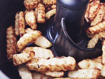 High angle view of meat in container