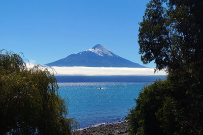 Scenic view of sea and mountains against clear blue sky