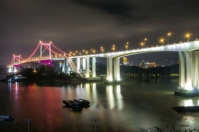 Illuminated bridge over river in city at night