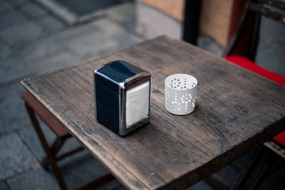 High angle view of telephone on table