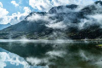 Scenic view of lake and mountains against sky
