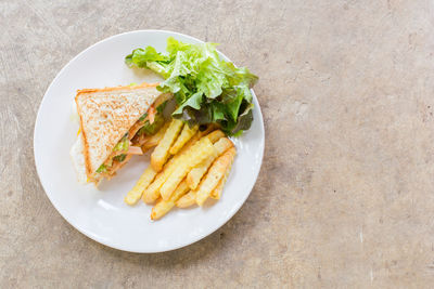 High angle view of food served on table