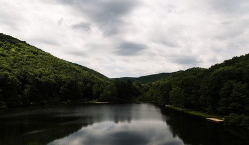 Scenic view of lake by trees against sky