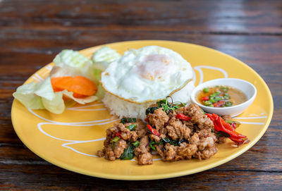 Close-up of food served on table