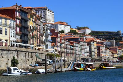 Sailboats moored on canal by buildings in city against clear sky