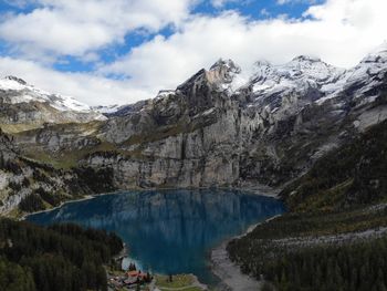 Scenic view of lake and snowcapped mountains against sky