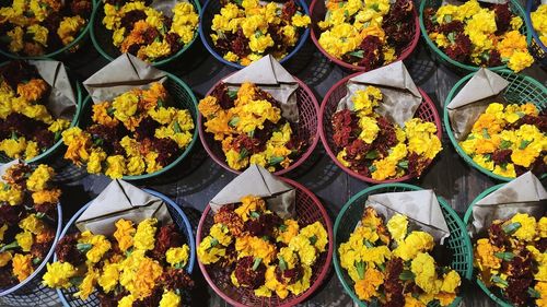 High angle view of various flowers for sale