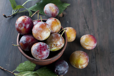 High angle view of peaches in bowl on wooden table