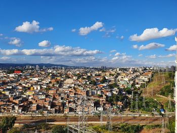 High angle shot of townscape against sky