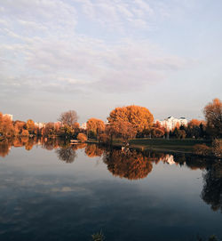 Reflection of trees in lake against sky during autumn