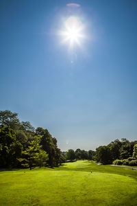 Scenic view of landscape against blue sky on sunny day