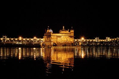 Reflection of illuminated buildings in water at night