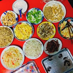 High angle view of meal served on table