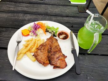 High angle view of food in plate on table