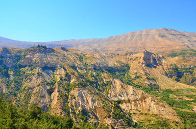 Scenic view of rocky mountains against clear blue sky on sunny day