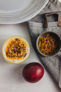 High angle view of fruits in bowl on table