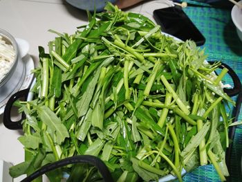 High angle view of chopped vegetables in plate