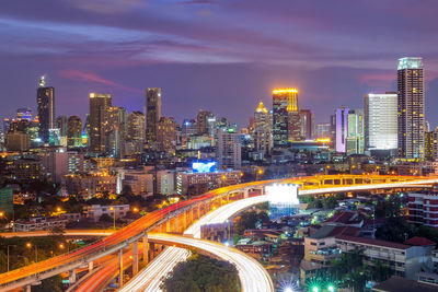 High angle view of illuminated buildings at night