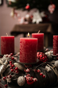 Close-up of christmas decorations on table