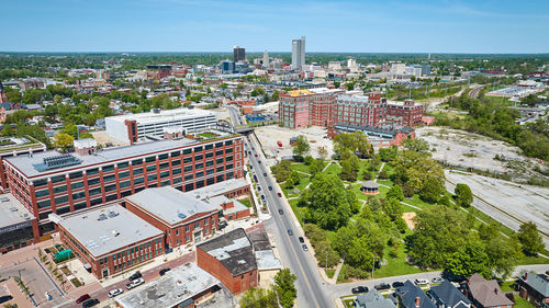 High angle view of buildings in city