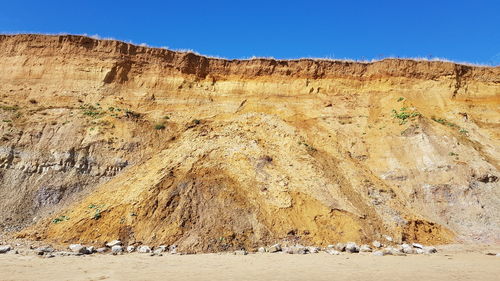 Scenic view of rocky mountains against clear blue sky
