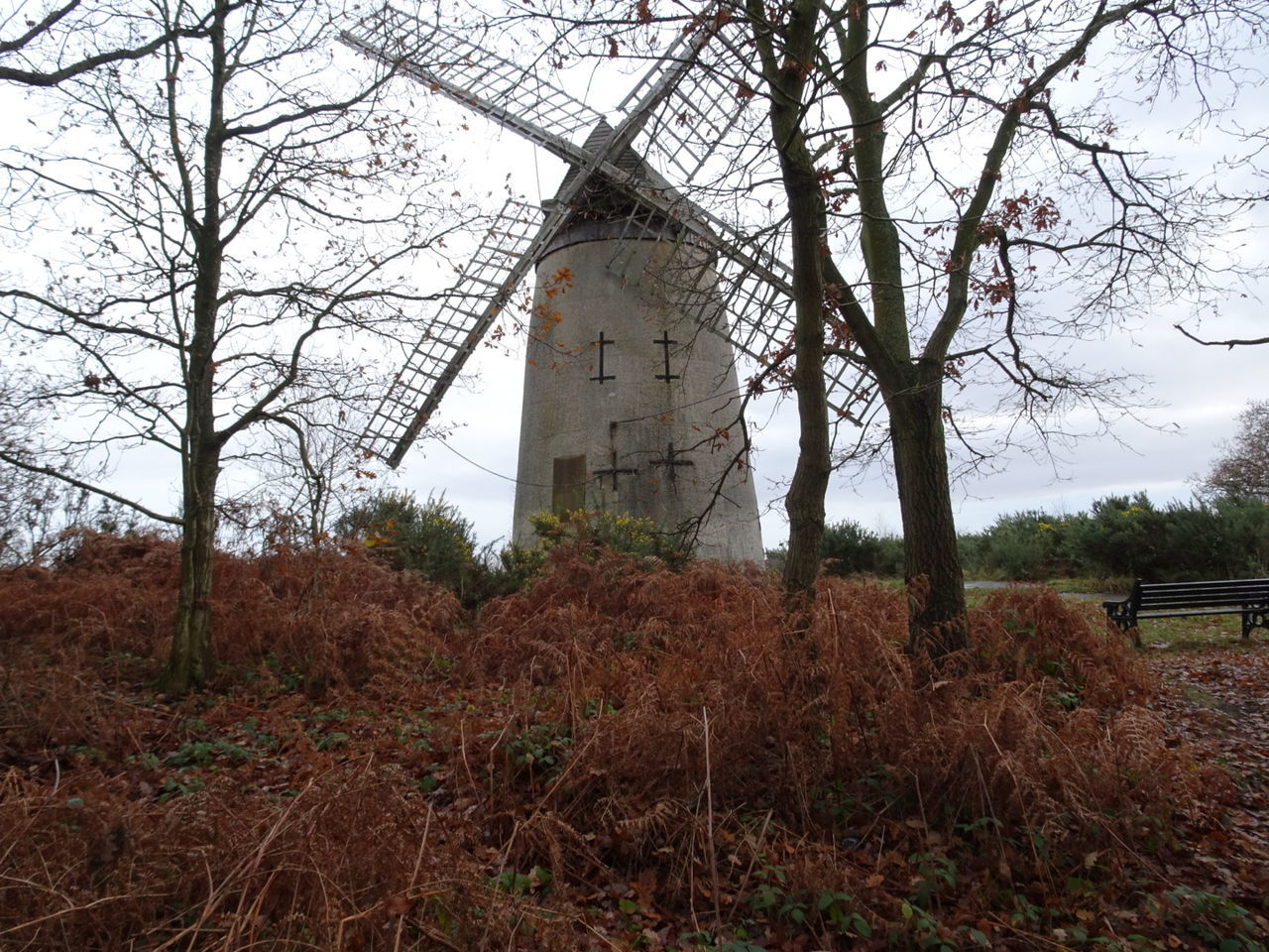 WATER TOWER ON FIELD AGAINST SKY