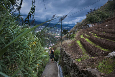 Rear view of woman walking on farm against sky