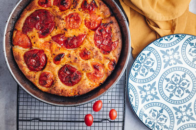 High angle view of pizza on table