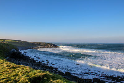 Scenic view of sea against clear blue sky