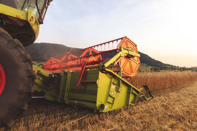 Organic farming, wheat field, harvest, combine harvester in the evening