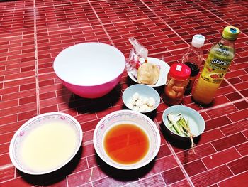 High angle view of breakfast on table