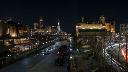 High angle view of illuminated city at night