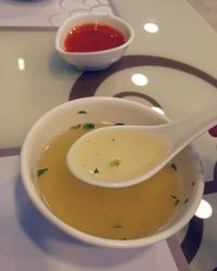 Close-up of soup in bowl on table