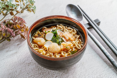 High angle view of soup in bowl