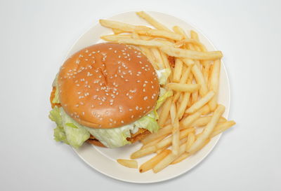 Close-up of burger in plate against white background