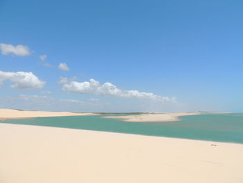 Scenic view of beach against blue sky