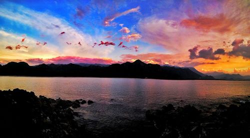 Scenic view of lake against dramatic sky