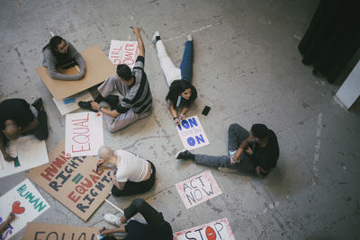 High angle view of people on table