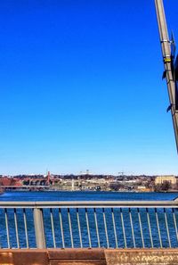 View of cityscape against clear blue sky