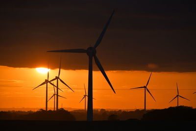 Silhouette wind turbines on field against sky during sunset