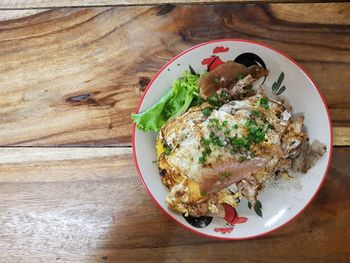 High angle view of breakfast served on table
