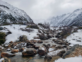 Scenic view of snowcapped mountains against sky