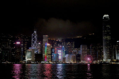 Illuminated buildings by river against sky at night