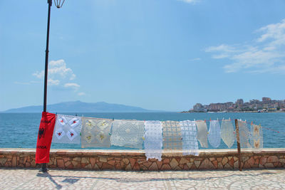 Beautiful view of mediterranean vista with traditional craft work on and blue sky and sea background