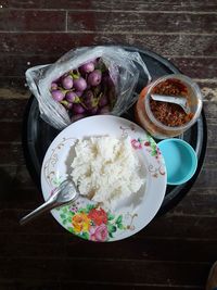 High angle view of food in bowl on table